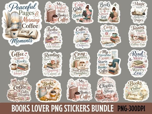 Download Books &amp; Coffee Lover Png Stickers Bundle - Png stickers Collection
